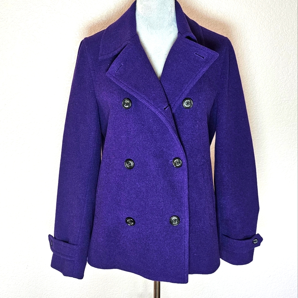 Chaps Womens Peacoat Purple Double Breasted Pockets Pleated Wool Blend C…